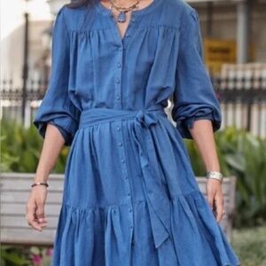 Sundance NWT Women’s Blue Elderflower Linen Tiered Ruffle Tie Belt Dress Size L